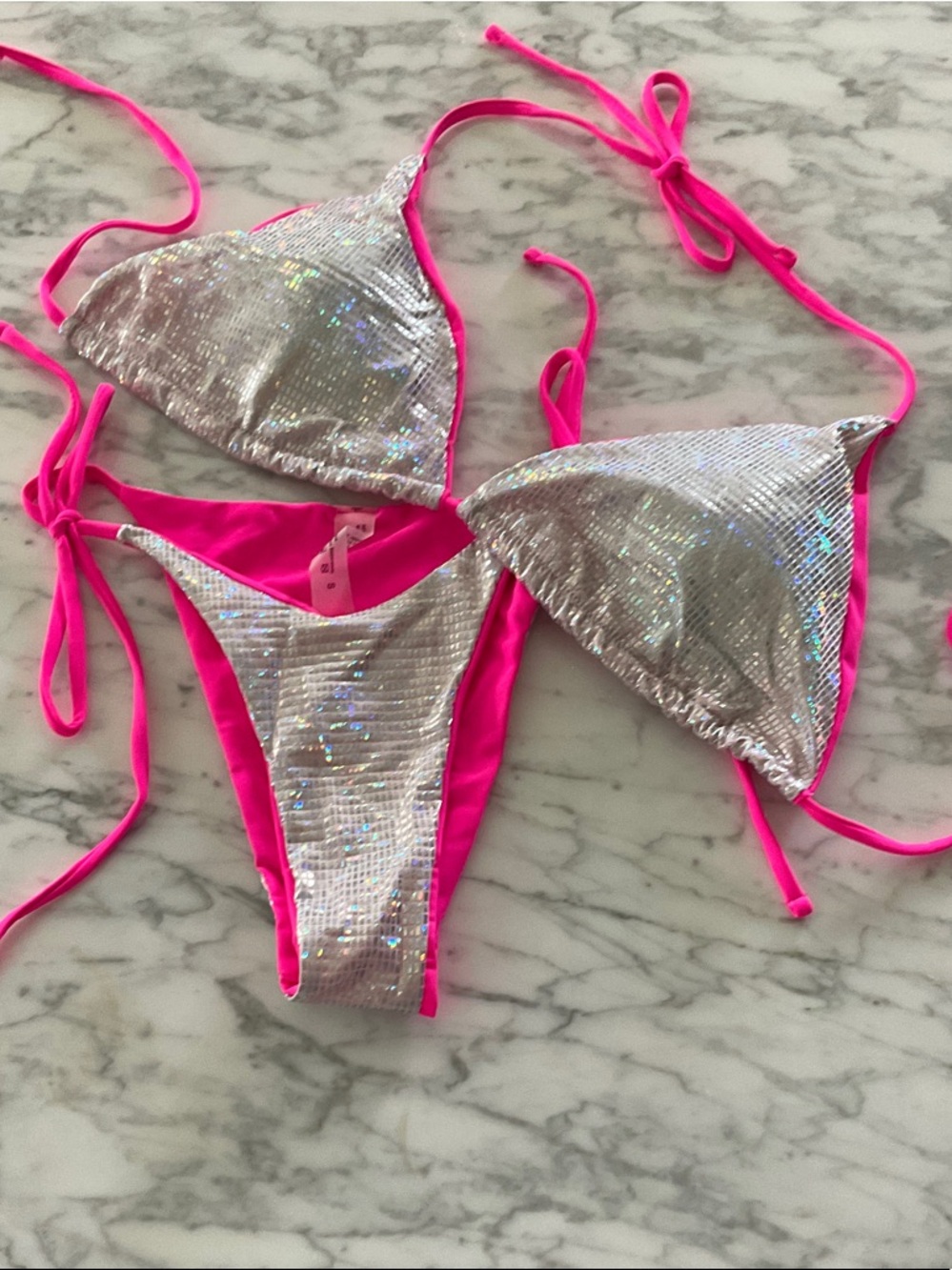 Shimmer Silver & Hot Pink Triangle Bikini Set